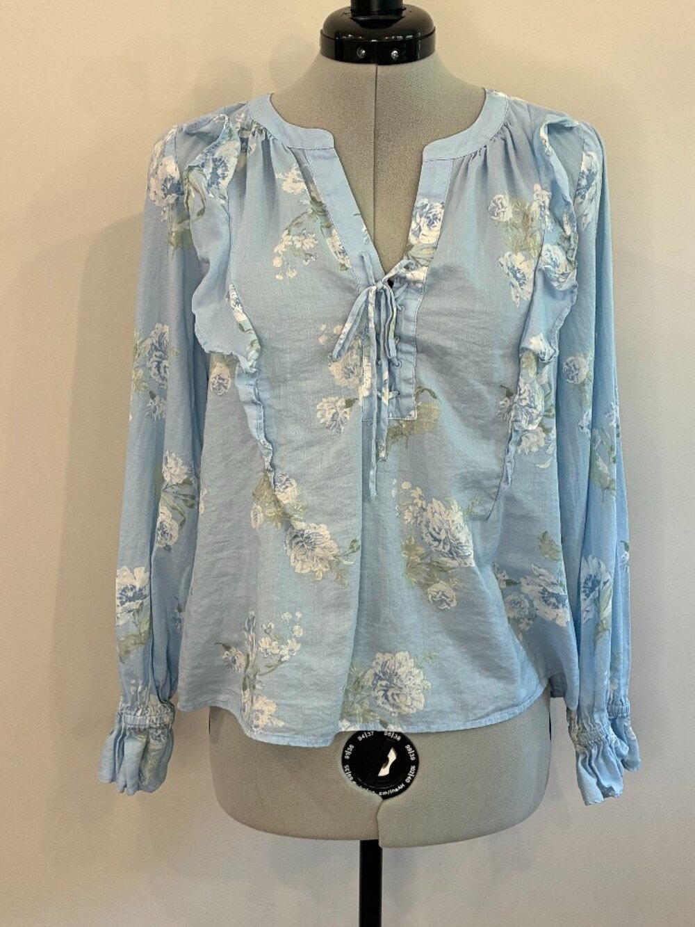 LOFT Blue Floral Ruffle Tie Front Blouse Long Sleeve Romantic Boho